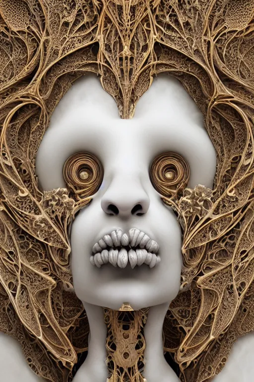 Image similar to carved white marble female biomechanical sculpture, realistic face, persian rug, Mandelbulb 3d fractal, trending on artstation, subtle gold accents, beautifully lit, by zdzislaw beksinski, tsutomu nihei, peter mohrbacher, hyper detailed, insane details, intricate, elite, ornate, elegant, luxury, dramatic lighting, cgsociety, hypermaximalist, golden ratio, environmental key art, octane render, weta digital, micro details, structure, ray trace, 4k, epic, masterpiece