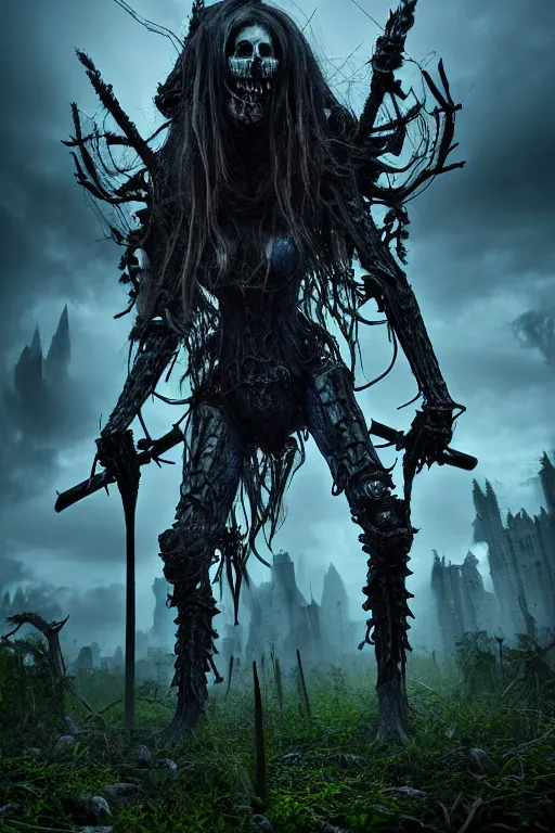 Image similar to post - gothic giant creepy banshee, exoskeleton armor, attacking with axe, dystopian ruins covered in vegetation, highly detailed smooth digital art masterpiece, vitaly bulgarov giger dramatic dark blue light, ground angle hd 8 k, sharp focus