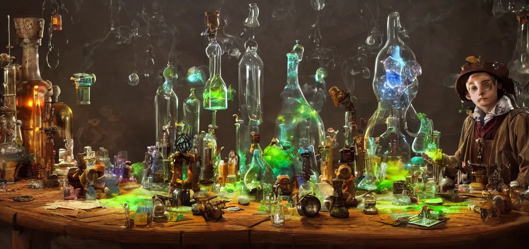 Prompt: fantasy Alchemist laboratory, scarecrows head on a table surrounded by interconnected glass pipes, spheres, bottles, and tubes filled with bubbling fluids and potions, harry potter, mystical, magical witchcraft, crystals, gemstones, runestones, mortar and pestle, old manuscripts and scrolls, brightly coloured smoke, eerie luminosity, dark and dusty, candle light, ray-traced, volumetric light, octane render, 4k, ultraHD