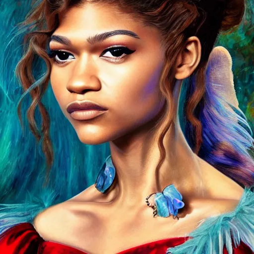 Prompt: zendaya as Alice in wonderland, oil painting, high detail, angelic, flawless face,