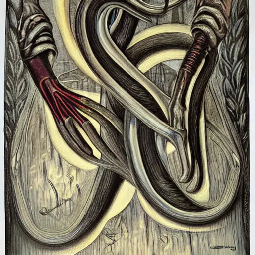 Image similar to a painting of the rod of asclepius by h. r. giger