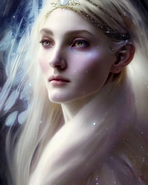 Prompt: realistic portrait of a beautiful white witch, bright witch, inside a castle, beautiful, beautiful face, fantasy, chaos, magic, dark magic, dramatic lighting, intricate, wild, highly detailed, digital painting, artstation, concept art, smooth, sharp focus, illustration, art by artgerm and greg rutkowski and alphonse mucha, footage from space camera