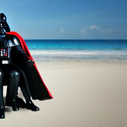 Prompt: Darth Vader sitting on a deckchair, chilling on a sandy beach