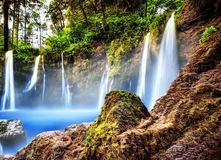 Prompt: a long capture photo of a magical waterfall, high cliff, night, stars in the sky