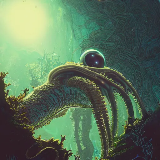 Prompt: highly detailed illustration of a nausicaa alien cephalopod in a world overgrown with fungus and spores, diffuse lighting, fog, stunning atmosphere, religious imagery, huge gargantuan black sun, muted colors, by kilian eng and james jean