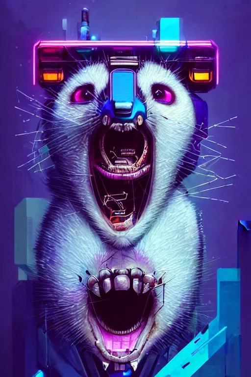 Prompt: a beautiful portrait of a cute cyberpunk opossum screaming by sandra chevrier and greg rutkowski and wlop, purple blue color scheme, high key lighting, volumetric light, digital art, highly detailed, fine detail, intricate, ornate, complex, octane render, unreal engine, photorealistic