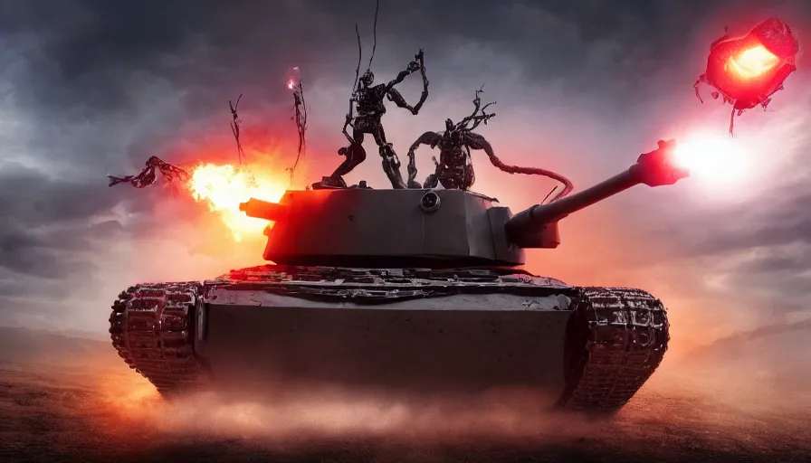 Image similar to Big budget movie about a cyborg demon fighting a tank