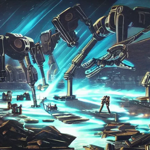 Image similar to ancient occult robots destroying a post dystopian civilization with lasers