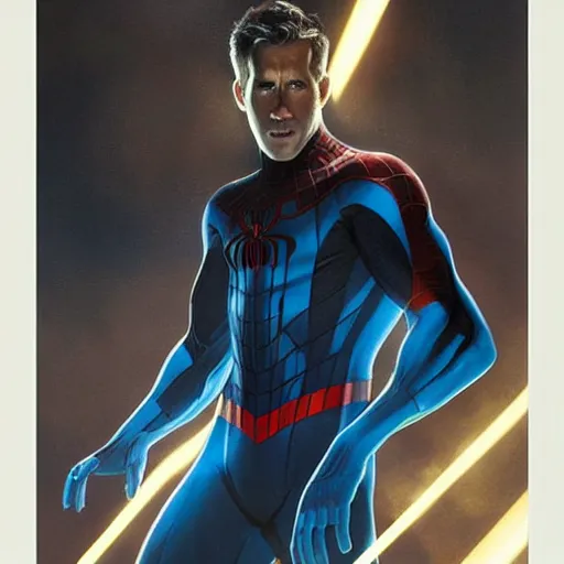 Image similar to ryan reynolds as a black and blue suit spider - man, cinematic, volumetric lighting, f 8 aperture, cinematic eastman 5 3 8 4 film, photorealistic by greg rutkowski, by stanley artgerm, by alphonse mucha