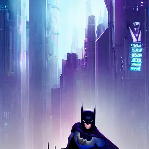 Prompt: batman beyond, cyberpunk, cityscape, purple sky, artgerm, greg rutkowski