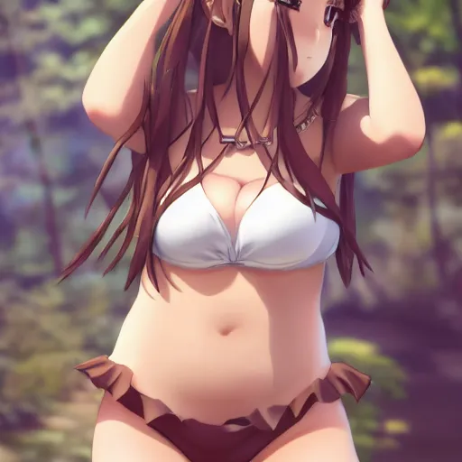 Image similar to real life photo of a beautiful anime girl in bikini, full body photoshoot, long brown hair, brown eyes, full round face, short smile, long sleeved belly free brown shirt, forest setting, cinematic lightning, medium shot, mid - shot, highly detailed, trending on artstation, unreal engine 4 k, 8 0 mm, 8 5 mm, cinematic wallpaper