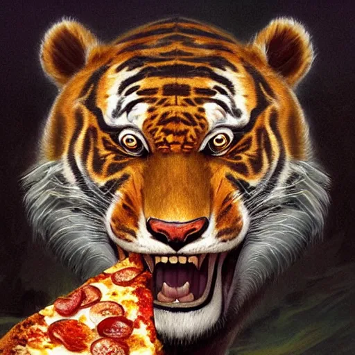 Prompt: portrait of tony the tiger opening his mouth to eat pizza, highly detailed, digital painting, artstation, concept art, sharp focus, illustration, art by artgerm and greg rutkowski and alphonse mucha