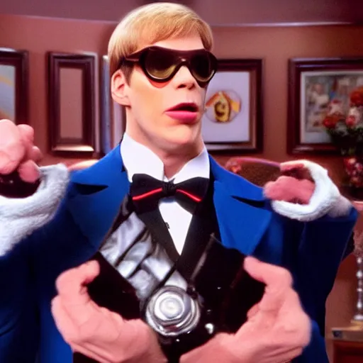 Image similar to Live Action Still of Jerma985 in Austin Powers, real life, hyperrealistic, ultra realistic, realistic, highly detailed, epic, HD quality, 8k resolution, body and headshot, film still