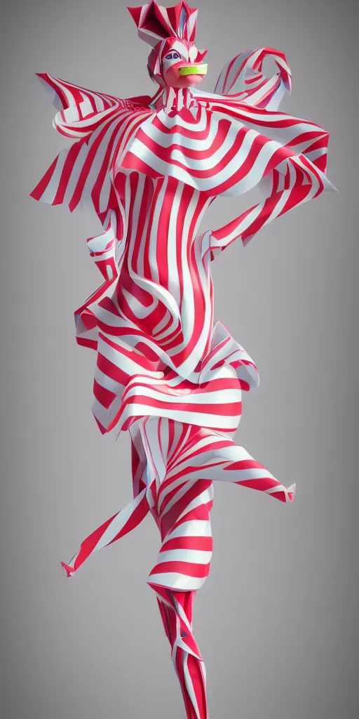 Image similar to anthropomorphic candy woman wearing a flowing paper couture dress striped like a candy cane, paper candy people, paper origami candy, pastel lighting, 3D, very detailed, octane render, trending ArtStation, artgem