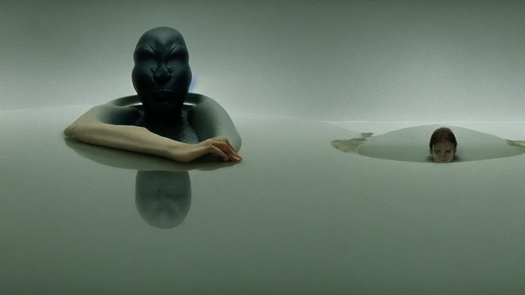 Image similar to the strange creature in a bathtub, floating water, film still from the movie directed by Denis Villeneuve with art direction by Zdzisław Beksiński, wide lens