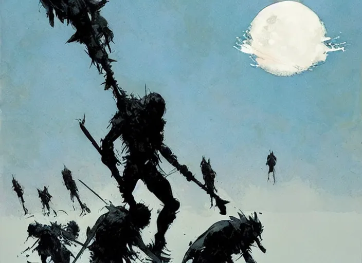 Prompt: beautiful as the moon, terrible as an army with banners. art by jeffrey catherine jones and jakub rozalski