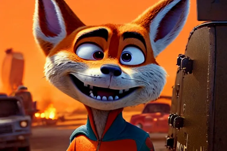 Image similar to nick wilde ( from zootopia ), heavily armed and armored facing down armageddon in a dark and gritty reboot from the makers of mad max : fury road