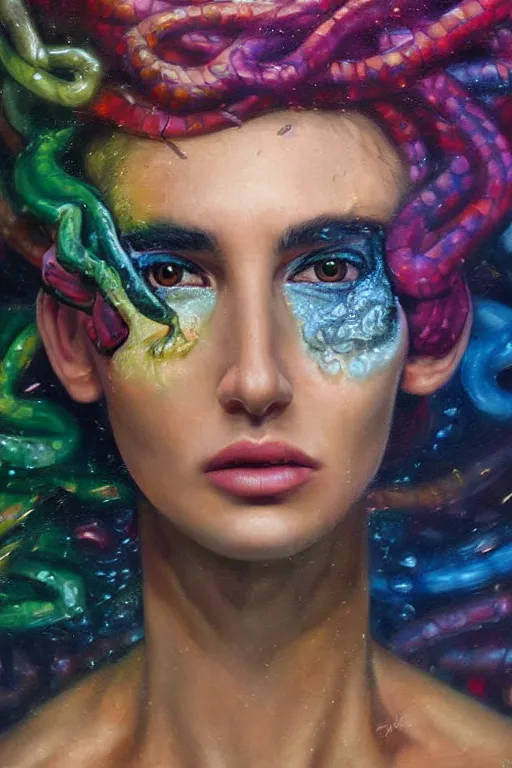 Image similar to hyperrealism oil painting, close - up portrait of face from a tangle of snakes fashion model, knight, street art gradient mixed with nebula sky, in style of baroque