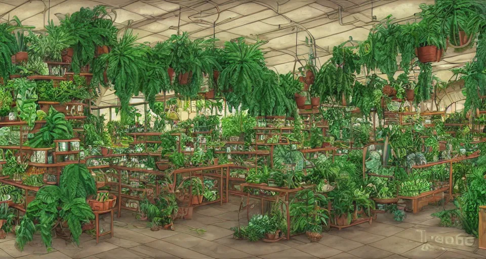 Prompt: plants shop, counter, ferns and vines, highly detailed, sharp focus, matte painting, by studio ghibli, by giovani magana,