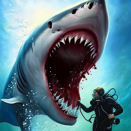 Image similar to a dream fantasy painting of ( white shark with blood teeth ) near a scuba diver, in the deep, trending on artstation, deviantart, matte painting by antonio j. manzanedo, greg rutkowski, holly bruce,