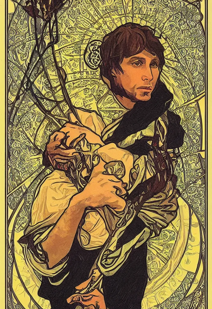 Image similar to Geoff Rickly on a tarot card, tarot major arcana in art style by Alphonse Mucha