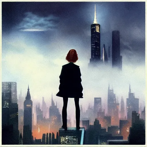 Image similar to “ girl standing on a roof looking down at a foggy futuristic new york city below, blade runner, cyberpunk, storm clouds, very detailed, by frank frazetta ”