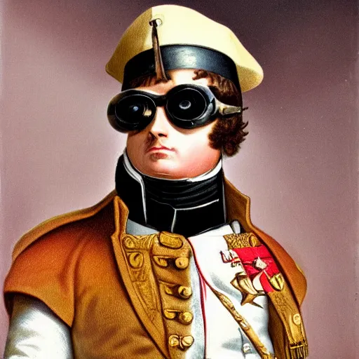 Image similar to napoleon wearing big steampunk googles, photo by gustave baumann