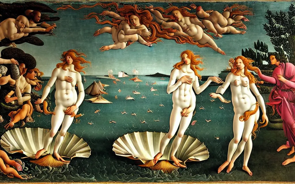 Prompt: sandro botticelli. very soft, delicate light. birth of venus but as a dancefloor in underground club. in the middle instead of a mussle is a little platform, people dancing around it. disco lights. fog. colorful and moody. sun is already rising. detailed brush strokes. 6 am.