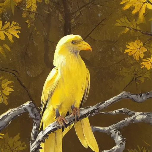 Image similar to a yellow crow on a tree with white leaves, detailed, by greg rutkowski