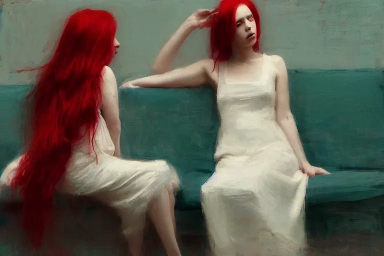 Image similar to girl, long red hair, white dress, on a red sofa, blue green colorscheme, desaturated colors, cinematic, jeremy lipking, casey baugh