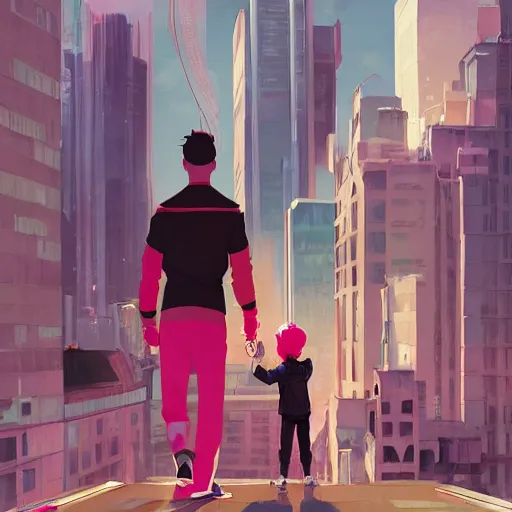 Prompt: damian wayne with pink haired teen boy, city landscape, Gotham, artstation, highly detailed, by makoto shinkai and thomas kindle and James gilleard