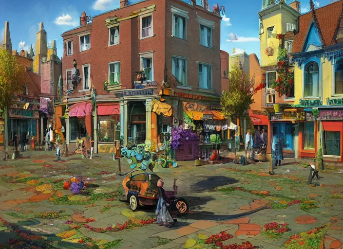 Prompt: dublin townsquare, summer morning, very coherent and colorful high contrast, art by gediminas pranckevicius, geof darrow, dark shadows, hard lighting