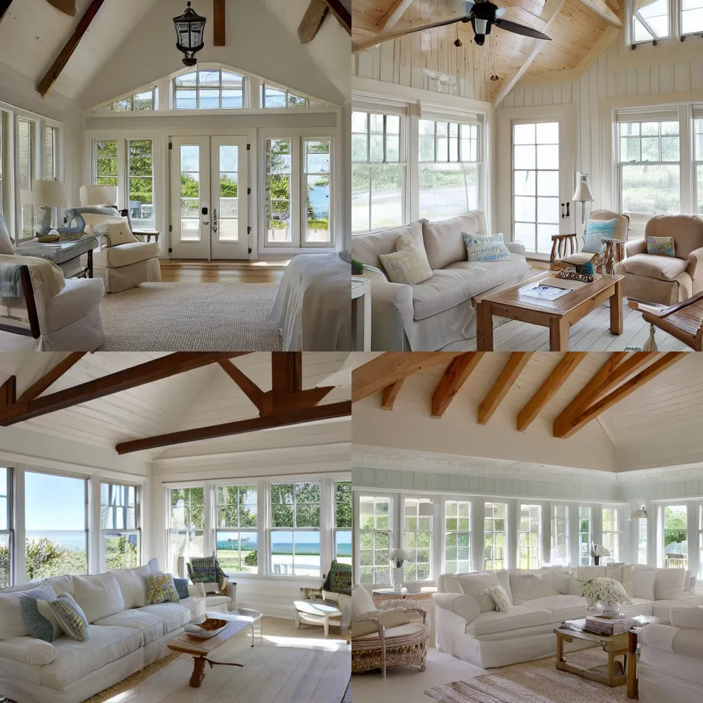 Prompt: cape cod beach house interior, bright, neutral colors, large windows, vaulted ceiling