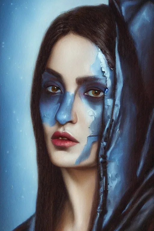 Image similar to hyperrealism oil painting, close - up portrait of european medieval brunette vampire fashion model, knight, steel gradient mixed with nebula sky, in style of baroque