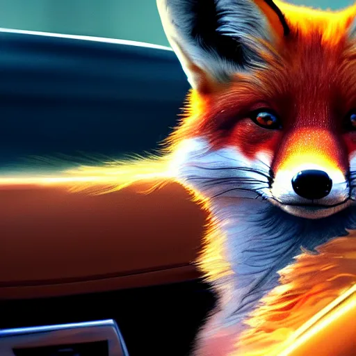 Image similar to a fox driving a car in the drivers seat with paws on the steering wheel, portrait, fantasy, beautiful face, vivid colors, elegant, concept art, sharp focus, digital art, Hyper-realistic, 4K, Unreal Engine, Highly Detailed, HD, Dramatic Lighting by Brom, trending on Artstation