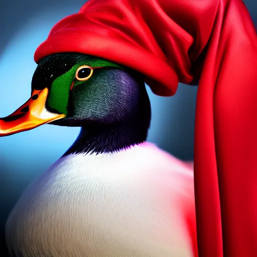 Image similar to portrait of cute mallard duck, wearing cultist red robe, inside a castle, black feathers, glowing arcane eyes, very detailed black feathers, ultra detailed, expressive oil painting digital art, 8 k, octane render, trending on art station, epic castle scene