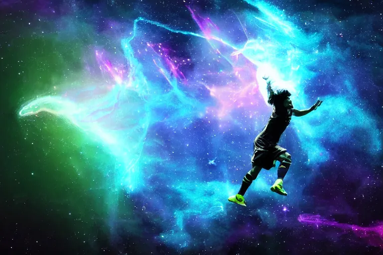 Image similar to a cosmic bioluminescent lionel messi jumping through a space nebula leaving stardust trails behind him, digital art, photorealistic