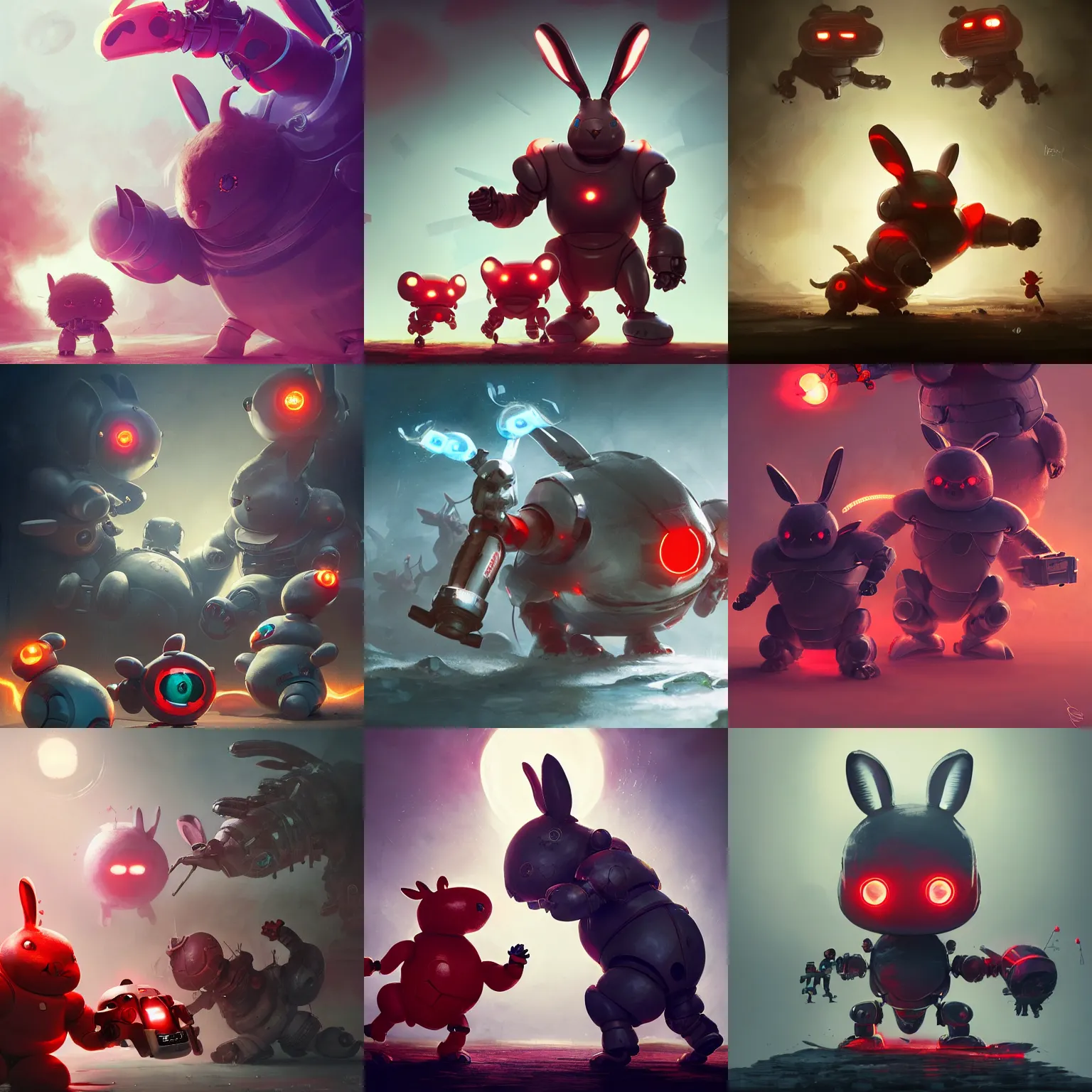 Prompt: sideview of cute chubby dangerous angry 3 years old robots kids in epic battle pose ruling the world with big glowing red rabbit eyes and big rabbit ears , big complex belly mechanism , studio light, wapor wave retro design by greg rutkowski