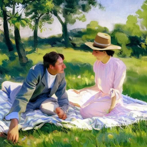 Prompt: a young man and woman sitting on green long grass on a picnic blanket on a hot summers day, john singer sargent style, 4 k, beautiful, elegant, modern