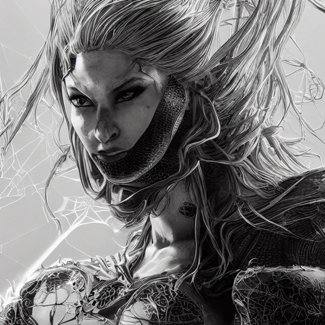 Image similar to the portrait of spiderwoman dark knight vagabond as absurdly beautiful, gorgeous, sophisticated, young gravure idol, an ultrafine hyperdetailed illustration by kim jung gi, irakli nadar, intricate linework, bright colors, octopath traveler, final fantasy, unreal engine 5 highly rendered, global illumination, radiant light, detailed and intricate environment