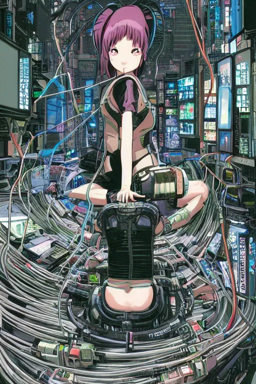 Image similar to awe inspiring cyberpunk anime style illustration of an android girl seated on the floor in a tech labor, seen from behind with her back open showing a complex mess of cables and wires, by masamune shirow and katsuhiro otomo, studio ghibli color scheme, japan, 1980s, dark, complex