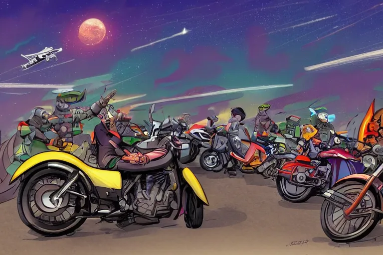 Image similar to motorcycles outside of bar night sky stars cartoon style drawn by jack kirby artstation 4 k 8 k graphic novel concept art matte painting