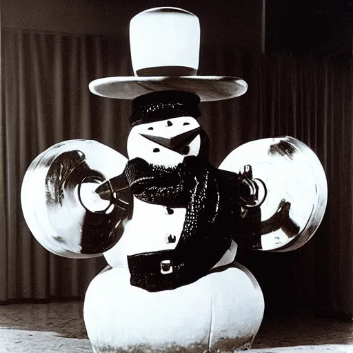 Image similar to “ burl ives snowman m, lifting weights with magnum pi in an insane asylum, designed by vernor panton ”