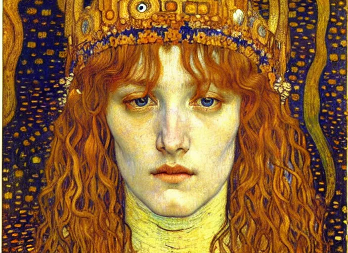 Image similar to detailed realistic beautiful young medieval queen face portrait by jean delville, gustav klimt and vincent van gogh, art nouveau, symbolist, visionary, gothic, pre - raphaelite, muted earthy colors, desaturated