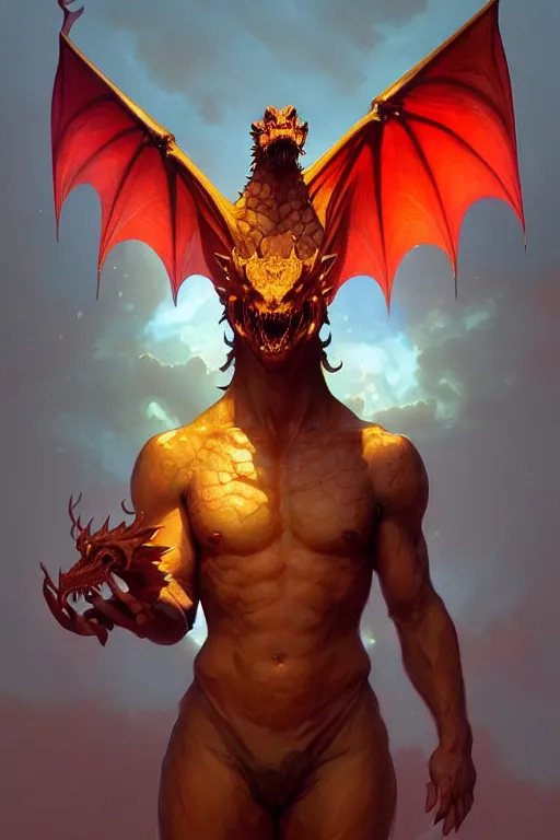 Prompt: full figure antrophomorphic male dragon, frontal view, no wings, luminous scene, by greg rutkowski and alphonse mucha, d & d character, gradient yellow to red, in hell, highly detailed portrait, digital painting, artstation, concept art, smooth, sharp focus illustration, artstation hq