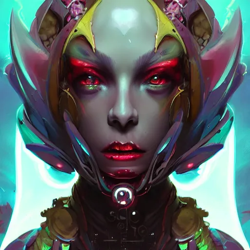 Image similar to a portrait of a beautiful demonic cybernetic queen of hell, cyberpunk concept art by pete mohrbacher and wlop and artgerm and josan gonzales, digital art, highly detailed, intricate, sci-fi, sharp focus, Trending on Artstation HQ, deviantart, unreal engine 5, 4K UHD image