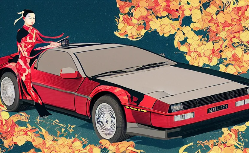 Prompt: a red delorean and a yellow tiger body, painting by hsiao - ron cheng & utagawa kunisada, magazine collage style,