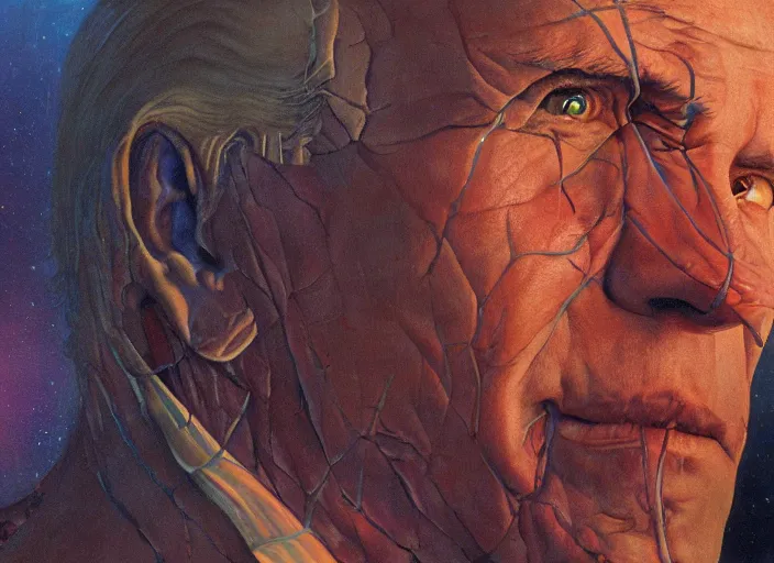 Prompt: joe biden, glowing veins subsurface scattering, deep sea, sunset, portrait by gerald brom, by mikhail vrubel, by peter elson, muted colors, extreme detail, trending on artstation, 8 k