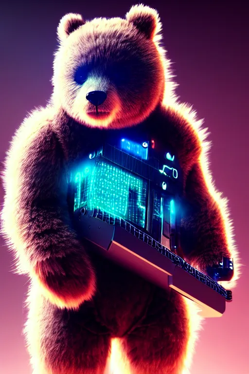 Image similar to high quality 3 d render very cute fluffy cyborg!! bear! plays huge electric guitar, cyberpunk highly detailed, unreal engine cinematic smooth, in the style of blade runner & detective pikachu, hannah yata charlie immer, moody light, low angle, uhd 8 k, sharp focus