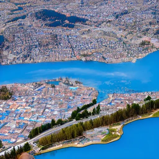 Image similar to View from directly above a blue lake with a city made of wood, more details